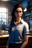 Placeholder: barista , beautiful, female, brunette, glasses, blue jeans, white button up blouse, photo realistic, bright lighting, 8k