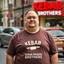 Placeholder: a little fat swedish man standing on a busy street wearing a t-shirt. a kebab brothers t shirt, with a kebab brothers logo, KEBAB BROTHERS tattoo in forehead, KEBAB BROTHERS Sign in background, Kebab brothers store, Kebab Brothers sign on cars, Kebab Brothers