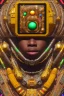 Placeholder: a beautiful full frame portrait digital painting of futuristic gaspunk, ghana kente, close-up, macro lens, centered camera, titanium accents, intricate details, small minutiae, tiny features, particulars, colorful, 8k, least ambient occlusion, volumetric lighting, volumetric clouds