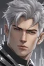 Placeholder: close up headshot portrait of a man in his 20's, silver hair, gray eyes, athletic build, perfect face, confident, protective-looking, Wadim Kashin, James Gurney, amazing beauty, splash art background, wears silver and black clothes, anime style, 8k resolution, high definition, intricate design,