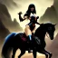 Placeholder: ultra detailed portrait of beautiful Vampirella Riding a black horse,wearing plate armor, extremely detailed digital painting, in the style of FRANK FRAZETTA and Earl Norem and fenghua zhong and ruan jia and jeremy lipking and peter mohrbacher, mystical colors, rim light, beautiful lighting, 8 k, stunning scene, raytracing