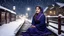 Placeholder: Hyper Realistic Photographic View Of A Beautiful Young Pashto Woman With Beautiful Eyes Lips & Nose (Wearing Beautiful Navy-Blue Frock With Purple Embroidery & White-Wool Shawl With Her Long Black Whirling In Air, Cold Breeze) Happily Sitting On The Bench & Smiling At The Village Railway Platform At Heavy Snowfall Night Showing Dramatic & Cinematic Ambiance.