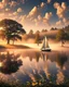 Placeholder: serene landscape of a peaceful lake at sunrise, with misty fog rising from the calm water, surrounded by lush green trees and vibrant flowers. A solo sailboat with a white sail billows in the gentle breeze in the distance. The warm sunlight casts a golden glow on the scene, with the sky transitioning from soft pink to gentle blue and feathery clouds. The trees are reflected perfectly in the still water, creating symmetry and balance. Evocative of a tranquil and harmonious m