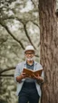 Placeholder: A man wearing a white Dad Hat, wearing glasses, and reading with a tree behind him, high resolution