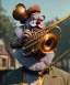Placeholder: mechanoid old friendly fat clown with trimmed beard playing jazz with a steampunk theme, trumpet, realistic