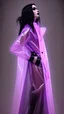 Placeholder: painting by koson ohara and marta bevacqua, portrait of a beautiful goth woman with long black hair, wearing a plastic raincoat, purple neon lighting, 8k, high quality, highly detailed