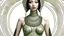 Placeholder: pale alien woman wearing exotic clothing. Black hair bob