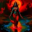 Placeholder: An oil painting of goddess Kali crossing a lake, neon red colors,