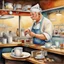 Placeholder: impressionist painting, hamster barista working behind a counter of a 50's diner serving coffee to old man, artistic nostalgic, waitress apron and do-rag, by Stevan Dohanos and Brian Despain and Renoir, dramatic, watercolor with medium brush strokes, technically perfect, dynamic,