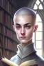 Placeholder: full color portrait drawing, portrait, fantasy setting, 22-year old female human cleric, shaved head, light eyebrows, grey eyes, background library