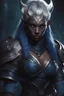 Placeholder: a young dark blue skinned orc woman, big tusks, wearing armor, white undercut hair, defined muscles, dramatic lighting