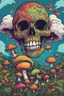 Placeholder: Psychedelic skull looking high and grinning, surrounded by clouds and overgrown with psychedelic mushrooms. Birds flying around the skull. Digital drawing. Colorful. t-shirt design. Cartoon. Digital cartoon. Mid detailed. Super happy. Cheerful. Light hearted. Colorful. Vibrant colours.