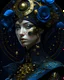 Placeholder: Beautiful vantablack voudore biomechanical young faced woman portrait adorned wirh biomechanical bioluminescense vantablack and dark blue glitter cover rose headdress and metallic golden filigree floral. Embossed costume armour organic bio spinal ribbed detail. Of rainy gothica background extremely detailed hyperrealistic maximálist concept art