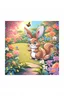 Placeholder: Dark moonlight calmly falling over a piece ful sleeping garden. Blue and white colors in the same style as reference image, the bunny, squirrel and butterfly are seen from behind looking at the shining moon