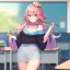 Placeholder: Clear focus, High resolution, a anime adult, cute, cartoony style, smiling, hair between eyes, holding a pencil, small forhead, female, medium length hair, long locks, lots of bangs, teacher, wearing a off shoulder shirt, no spaghetti straps, peach hair colour