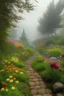 Placeholder: park, botanical garden, many flowers, multi-level, path, fog, morning, professional photo, Ultra HD, HDR