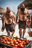 Placeholder: close up shot photography of two tired chubby muscular beefy hairy burly 39 years old ugly turkish carpenters, short beard, shaved hair, shirtless, manly chest, bulging white shorts, tired eyes, walking on the beach in the sun holding tomatoes baskets, big shoulders, side light, sweat and wet, ground view angle