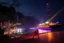 Placeholder: A modern city at the foot of the mountain. The entrance valley with a waterfall from a high rock.and huge sea with a very big ship in it, A beautiful lady dancer showing her performance in a poen stage on deck of ship in a top and midi skirt. at night ,dynamic color turnning lights