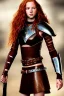 Placeholder: super-realistic, concept illustration, super-detailed, beautiful teen female who is 16 years old with long ginger hair and freckles with full lips,, full body, full face, athletic, centred camera, ignore NSFW, skimpy brown fantasy leather armor, halter top, thong, knee-high leather boots, open leather skirt, stern expression, cute pose