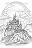 Placeholder: A vampire castle on a hill, surrounded by fog and illuminated by lightning. Outline, sketch style, only use outline, mandala style, clean line art, white background, no shadows, no clear wall, coloring page.