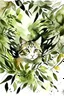 Placeholder: painting of a brown tabby cat hiding behind foliage, in the center of the picture with space around it taking up only one third of the image, in watercolour, in the background a dark, warm green forest, splatter, art, aquarell, pastell, ink, soft, negative space, white outlines