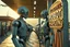 Placeholder: A cinematic wide-angle oil painting of a humanoid robot plugging a thick electric charging cable into its torso port at a futuristic charging station within a retro-style gas station. A long line of identical humanoid robots stands patiently behind, waiting for their turn to recharge. A large vintage-style sign to the side reads 'Electric Robot Charging Station.' The scene is bathed in golden-hour lighting, with rich, noisy colors, expressive thick brushstrokes, intricate steampunk elements, glo
