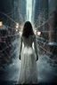 Placeholder: a woman in a white dress looking like a spider's web, standing on a city street, still from a fantasy movie, coherent symmetrical artwork, cinematic, ghostly, by Charles Williams, veiled.