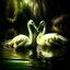 Placeholder: two swans in a romantic lake, dark green and warm yellow color, fantasy atmosphere