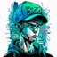 Placeholder: Vector t shirt art ready to print blue green light color graffiti illustration of a cyberpunk boy and a basecap with text "digi" On cap, white background.