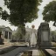 Placeholder: a couple walking in Père Lachaise cimetery in Paris, the woman has blonde hair and is wearing a white dress and is pointing something in the background, hyper-realistic style, cinematography, 4K