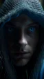 Placeholder: A hyperrealistic shot of A hooded creature in the middle is a blue eye out of a spider web, intricate details, soft natural light, screen captured from 4K Blu-ray