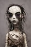 Placeholder: full color, illustration of a dark, menacing, monster girl, as a decayed, broken, crude homemade cloth doll toy, with a narrow cracked porcelain face, thick dark eyebrows, hair made from ragged strips of cloth, in the style of Brom, Alex Pardee, Tim Burton, and Masahiro Ito