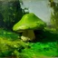 Placeholder: A lime green peak with mushrooms painted by Claude Monet