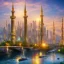 Placeholder: landscape, river, sun, skyscrapers, city, plane, peace, mosque,far view, colorful.