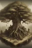 Placeholder: fantasy drawing of giant tree. Concept art. very small miniature city at its roots.