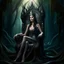 Placeholder: Morena Baccarin as a beautiful sexy dark elf queen seated elegantly on a throne in a mystical forest, dark celtic vignette frame, photo-realistic, cinematic lighting, award-winning photography