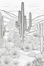 Placeholder: Stress Relief themed coloring page for adult, cartoon style, thick outline, No details, No shading, No colors, no background, black outline only, A cute desert oasis with intricate cactus patterns and gentle, soothing hues.