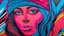 Placeholder: Image is a vibrant, stylized mural featuring a close-up portrait of a person with a striking and colorful design. The subject has a warm skin tone with facial features outlined in bold black lines. The eyes are large and expressive, with blue irises and detailed black pupils. The person is wearing a blue beanie and a coat with bright pink fur trim, adding a dynamic contrast to the overall color scheme. The face is covered with handwritten text in black, creating a textured overlay that adds dept