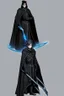 Placeholder: The commander wears a black cloak and a long coat with long combat boots and a long spear with a hat under his cloak with blue flame eyes, a sword like a spear