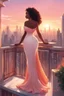 Placeholder: The scene opens onto a serene balcony overlooking a bustling city skyline. The sky above is painted in soft hues of orange and pink as the sun begins its descent, casting a warm glow over everything it touches. In the foreground stands a captivating figure, a chibi cartoon curvy black woman exuding confidence and elegance. She is adorned in a flowing white knit maxi dress that hugs her curves in all the right places, accentuating her silhouette. Her choice of footwear is equally stunning –