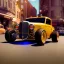 Placeholder: volumetric city environment and background, close-up of an 1930's hotrod parking at corner, small minutiae, classic dragster tires, tiny features, particulars, hires, 8k, uhd, realistic shaded volumetric lighting, ambient occlusion, backlight, centered camera, sunlight caustics, volumetric clouds, colour-washed colors, colorful