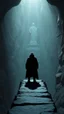 Placeholder: A hooded creature shadow standing on a narrow black stone path above the ground in a cave which has a tall god statute