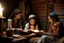 Placeholder: A close-up scene of an Arab mother reading the story from a book with her children around her in the room of the old wooden house near the fireplace 100 years ago.