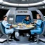 Placeholder: [vintage star trek original series] one man and one woman start trek officiers eating McDonald in the Starship Enterprise, they have their feet on the chairs