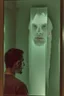 Placeholder: a man looking into a mirror and seeing a horrifying, abstract ghostly reflection