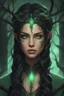 Placeholder: Young beautiful female Hexblood Warlock, lightly tanned skin, long dark brown-black hair styled in elegant half-braids, glowing pale emerald-green eyes, delicate facial features. Thin twisted black thorn-like branches grow naturally from one side of her head, weaving seamlessly through her hair like an eerie crown, with tiny dark leaves and vine-like roots blending into her scalp. Faint dark vine markings trail along her neck and collarbone. Dark fantasy, realistic, cinematic, highly detailed.