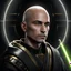 Placeholder: star wars bald male corellian jedi pilot wearing gunmetal grey and black old republic armored robes with gold trim inside the jedi temple holding a lightsaber with viridian green blade in left hand, centered head and shoulders portrait, hyperdetailed, dynamic lighting, hyperdetailed background, 8k resolution, volumetric lighting, light skin, fully symmetric details