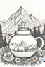 Placeholder: Cozy vibes drawing art tea pot, garden inside tea pot, mountain range in background