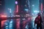 Placeholder: 3D, beautiful, light reflecting, empty city at night, rainy night, neon, cyberpunk, tron, person with helmet walking