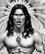 Placeholder: native american warrior, long black hair, big muscles, face up, mouth wide open, scream face, shirtless, looking to the sky